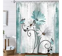 Tenda da Doccia Rustica con Margherite e Fiori di Foglia di Tè e Farfalla su Campagna, Tendina Bagno Design in Legno, Turchese Blu Tende da Doccia con 12 Ganci, 12 x 170 cm