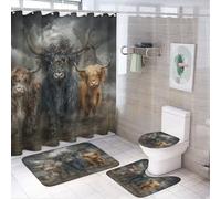 Tenda da doccia rustica con mulino a vento e casa di bue, 4 pezzi, 72 x 72 cm, copriwater, tappetini antiscivolo e tappetino a U, set di decorazioni per il bagno con nuvole colorate, grigio scuro, co