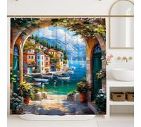 Tenda da doccia scenica, colore blu e verde, decorazione per il bagno, stile mediterraneo estivo, impermeabile, con ganci, 183 x 213 cm