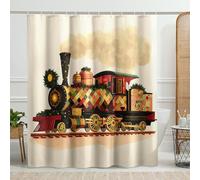 Tenda da doccia vintage a forma di treno, decorazione per il bagno con locomotiva rossa, verde, beige, per le vacanze di Natale, classica tenda da doccia in tessuto impermeabile retrò con ganci, 183 x