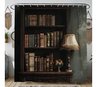 Tenda da doccia vintage con mensola a libro, marrone scuro con scena biblioteca tenda da doccia per arredamento bagno, tenda da doccia rustica classica in tessuto impermeabile autunnale con ganci, 182