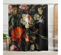 Tenda da doccia vintage floreale elegante di metà secolo con piante vittoriane testurizzate pittura a olio in poliestere nero decorazione per il bagno interno casa scuola ospite bagno WC tenda da