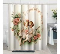 Tenda da doccia vintage per San Valentino, motivo floreale con angioletti carini e graziose ghirlande eleganti, in poliestere beige, decorazione impermeabile per passeggiare in casa, hotel, stalla