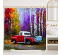 Tenda da doccia vintage rossa con pickup, decorazione per il bagno con paesaggio autunnale, stampa artistica rustica autunnale con ganci, accessorio per la casa in stile natura all'aperto, 183 x 213