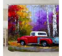Tenda da doccia vintage rossa con pickup, decorazione per il bagno con paesaggio autunnale, stampa artistica rustica autunnale con ganci, accessorio per la casa in stile natura all'aperto 274 x 183 cm