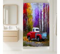 Tenda da doccia vintage rossa con pickup, decorazione per il bagno con paesaggio autunnale, stampa artistica rustica autunnale con ganci, accessorio per la casa in stile natura all'aperto, 91 x 183 cm