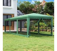 Tenda da festa 3 x 9 m con 8 pareti laterali in rete, telaio in ferro robusto e tetto resistente all'acqua in HDPE verde, riparo dal sole per eventi esterni come matrimoni
