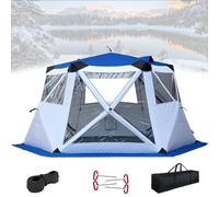Tenda da pesca sul ghiaccio portatile for 10 persone, riparo for la pesca sul ghiaccio con camino, capanne di ghiaccio esagonali Ice Shanty con ancora, corda di tensione(Blue)