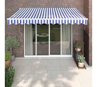 Tenda da sole elettrica per terrazza, 3,5 x 2,5 m, blu e bianco, con telecomando e manovella, tenda retrattile con braccio articolato in alluminio verniciato a polvere con tessuto trattato in PU
