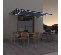 Tenda da Sole Retrattile Manuale con LED 500x300cm Blu e Bianco, Tessuto Poliestere con Rivestimento PU, Telaio in Alluminio Verniciato a Polvere, Impermeabile e Resistente