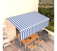 Tenda da Sole Retrattile Manuale con Parasole 5x3m Blu e Bianco, Tessuto Poliestere con Rivestimento PU, Telaio in Alluminio Verniciato a Polvere, Regolazione Angolo
