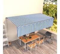 Tenda da sole retrattile manuale per terrazza, 6 x 3 m, resistente ai raggi UV e all'acqua, a righe blu e bianche, con tenda avvolgibile per la privacy