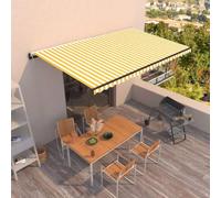 Tenda da sole retrattile per esterni, 500x300 cm, gialla e bianca, in poliestere impermeabile e resistente ai raggi UV, con telaio in alluminio e telecomando, ideale per creare zone d'ombra