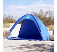 Tenda da spiaggia azzurro impermeabile con sacchi di sabbia e picchetti per stabilità, tessuto a rete per ventilazione, protezione UV e antivento come pratico dispenser per ombre