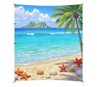 Tenda da spiaggia con stelle marine, conchiglie, alberi di cocco, protezione UPF50+, facile da installare, con tasche per sabbia, per campeggio, picnic, cortile