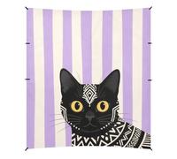 Tenda da spiaggia in stile bohémien con gatto nero, a strisce bianche e viola, protezione UPF50+, impermeabile, grande riparo dal sole portatile, con borsa per il trasporto, per viaggi in famiglia