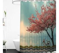 Tenda Doccia 180X180 con Albero Di Ciliegio in Fiore,Romantici Fiori Rosa e Biciclette Retrò in Riva al Fiume,Tenda da Bagno con Ganci in Plastica,Lavabile e Facile da Asciugare per Vasca da Bagno D