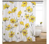 Tenda Doccia 200x240 Fiori, Antimuffa Giallo Tenda Vasca da Bagno, 3D Tenda per Doccia in Poliestere Impermeabile, Lavabile Tende Doccia Tessuto, con 12 Ganci
