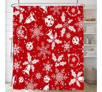 Tenda Doccia 240X200 Natalizia Rossa,Fiocchi di Neve di Capodanno,Campanelle,Palline di Natale,Tenda Da Bagno per Festival Invernale,Tessuto In Poliestere,Decorazione per La Casa,Impermeabile con Gan