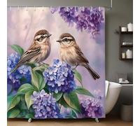 Tenda Doccia Fiori lilla e cinciallegra 180x200 cm Tessuto Impermeabile Antimuffa con 12 Ganci per Vasca da Bagno