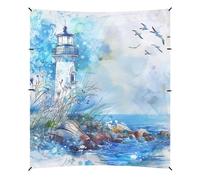Tenda e baldacchino blu da spiaggia con faro fauna ad acquerello, UPF50, facile da installare, grande riparo solare portatile con sacchi di sabbia e pala per cortile, prato, parco
