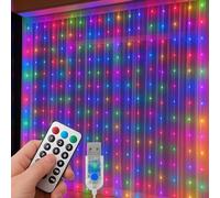 Tenda Luminosa LED 300 Luci 3x3 m con Telecomando, 8 Giochi di Luce, Cavo Silver, Alimentazione USB 5V, Ganci per Appenderla, Luce multicolor per Finestre, Pareti e Decorazioni Natalizie (Multicolor)