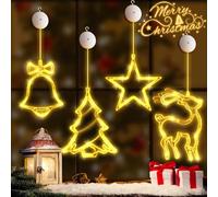 Tenda Luminosa Natalizia Stelle 4PCS - Catene Luminose per Interno/Esterno a Batteria con Stella, Renne, Albero, Campane - Decorazione per Finestra