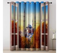 Tenda Oscurante Con Occhielli 2 Pannelli L140×A245 cm, Motivo Stampati 3D Cornice Foglie autunnali Architettura, Tende Oscuranti Per Interni Termiche Finestre Camera Da Letto E Soggiorno Colorato