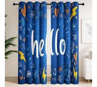 Tenda Oscurante Termica Isolante, 2 Pannelli Blu Notte, Graffiti A Mano Tende per Camera Ragazzi Studio, Tenda Stampa con Occhielli, "Hello" Fiori Cuori Fulmini Giovanile Street Style, 117x138cm