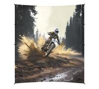 Tenda parasole da campeggio con personaggio in sella alla moto nella foresta, baldacchino da spiaggia, 320 x 280 cm
