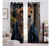 Tenda per Finestra Animale Protezione UV Isolamento Termico Ombreggiatura Sipario Leopardo Che Indossa Cappotto Lana Blu Con Occhiello Tende per Adulti Adolescente Bambini 2 Pannelli 140L x 300A CM