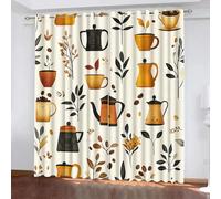 Tenda per Finestra Fumetto Protezione UV Isolamento Termico Ombreggiatura Sipario Foglie Chicchi Caffè Tazza Tè Teiera Con Occhiello Tende per Adulti Adolescente Bambini 2 Pannelli 85L x 200A CM