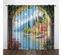 Tenda per Finestra Paesaggio Piccola Città Protezione UV Isolamento Termico Ombreggiatura Sipario Montagne Case Arco Mare Con Occhiello Tende per Adulti Adolescente Bambini 2 Pannelli 140L x 300A CM