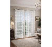 Tenda Pizzo Bianca Alexia con Asole Passabastone, Tendina Ricamata Trasparente Elegante per Cucina Soggiorno Camera da Letto, Bordo Smerlato, Coppia o Pannello, Varie Misure (60x240 cm - 2 Pannelli)