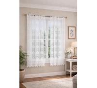 Tenda Pizzo Bianca Alexia con Asole Passabastone, Tendina Ricamata Trasparente Elegante per Cucina Soggiorno Camera da Letto, Bordo Smerlato, Coppia o Pannello, Varie Misure (60x150 cm - 2 Pannelli)