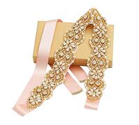 Tendaisy Women's Wedding Belt Crystal Pearls Bridal Sash Rhinestone Dress Belts for Bridal Gowns(Gold-Blush)