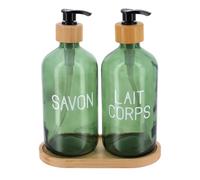 Tendance - Set di 3 Accessori Composto da 2 contenitori in Vetro da 500 ml e 1 Vassoio in bambù - Verde