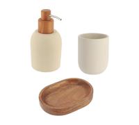 Tendance - Set di Dispenser per Sapone e Porta Sapone in poliresina Cemento e Acacia Arrotondata - Beige - Bagno - Accessorio da Bagno Indipendente