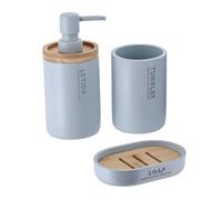 Tendance - Set Dispenser di Sapone, Bicchiere e portasapone in poliresina - Azzurro/bambù - Bagno - Accessorio da Bagno Indipendente