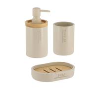 Tendance - Set Dispenser di Sapone, Bicchiere e portasapone in poliresina - Beige/bambù - Bagno - Accessorio da Bagno Indipendente