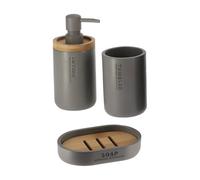 Tendance - Set Dispenser di Sapone, Bicchiere e portasapone in poliresina - Grigio/bambù - Bagno - Accessorio da Bagno Indipendente