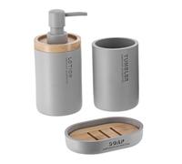 Tendance - Set Dispenser di Sapone, Bicchiere e portasapone in poliresina - Grigio Chiaro/bambù - Bagno - Accessorio da Bagno Indipendente