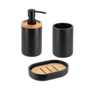 Tendance - Set Dispenser di Sapone, Bicchiere e portasapone in poliresina - Nero/bambù - Bagno - Accessorio da Bagno Indipendente