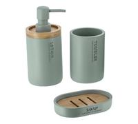 Tendance - Set Dispenser di Sapone, Bicchiere e portasapone in poliresina - Verde eucalipto/bambù - Bagno - Accessorio da Bagno Indipendente