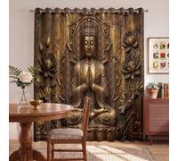 Tende a Pannelli Effetto Rétro Invecchiato Rilievo per Interno con Anelli 2 Pezzi 140x220cm | Tenda Oscurante Mani Giunte Statua Buddha, Termiche Isolanti, Privacy per Camera da Letto e Soggiorno