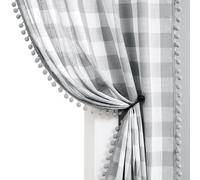 Tende a quadri con pompon, per soggiorno, 200 cm, motivo a scacchi, con motivo a quadretti, in lino, semitrasparente, rustico, a quadretti, con 2 pannelli, colore: bianco e grigio
