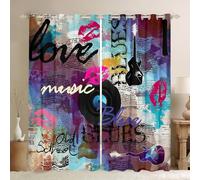 Tende a tema musicale per soggiorno, motivo musica retrò, labbra rosa, tende oscuranti per camera da letto, 30% -50%, silhouette di chitarra, hippy, graffiti, arte, trattamento per finestre, occhielli