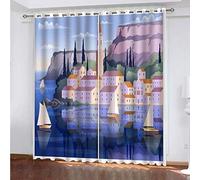 Tende A Vetro Per Finestra 3D Villa Cartone Animato Sulla Costa Oscuranti Per Interni Due Pannelli Set 234x230Cm Tenda Camera Da Letto, Per La Stampa Con Occhielli, Soggiorno Moderne