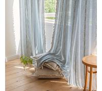 Tende bohémien per camera da letto, ricamate a righe, 244 cm, 2 pannelli, in lino blu, con nappa, semi-oscuranti, per soggiorno (132 x 243 cm (larghezza x lunghezza), blu)