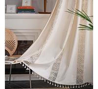 Tende bohémien per soggiorno e camera da letto, lunghezza 243,8 cm, set di 2 pannelli, in cotone e lino, semi oscuranti, con nappe e tasca per bastone, tende lunghe rustiche all'uncinetto geometriche